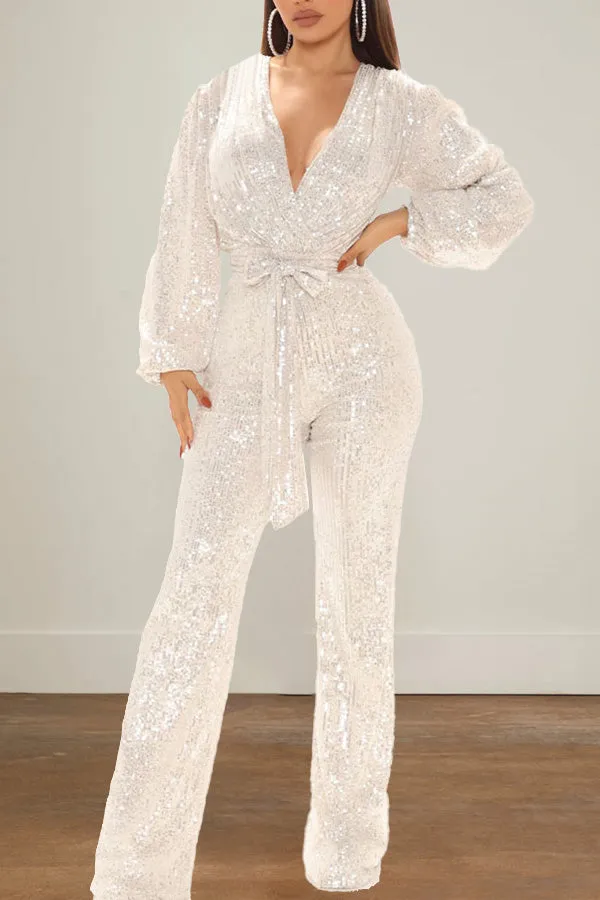 Sequin V-Neck Lantern Sleeve Jumpsuit