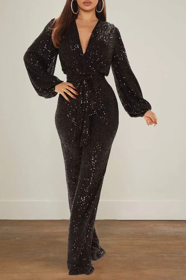 Sequin V-Neck Lantern Sleeve Jumpsuit