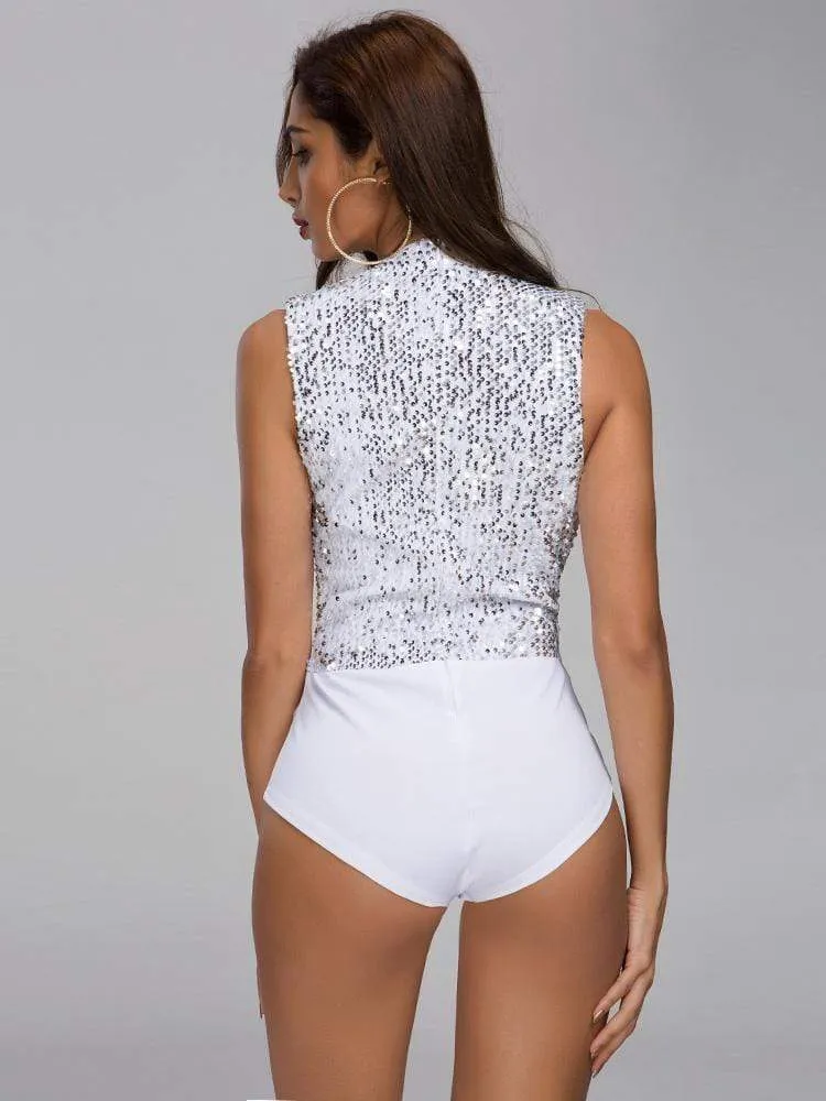 Sexy Low-V Black Sequin Bodysuit