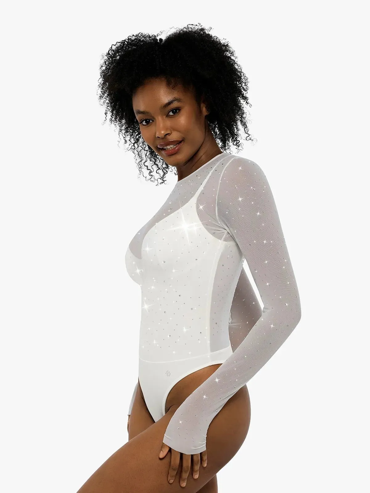 Shapewear Heat-Set Crystal Mesh Long-Sleeve Slimming Bodysuit