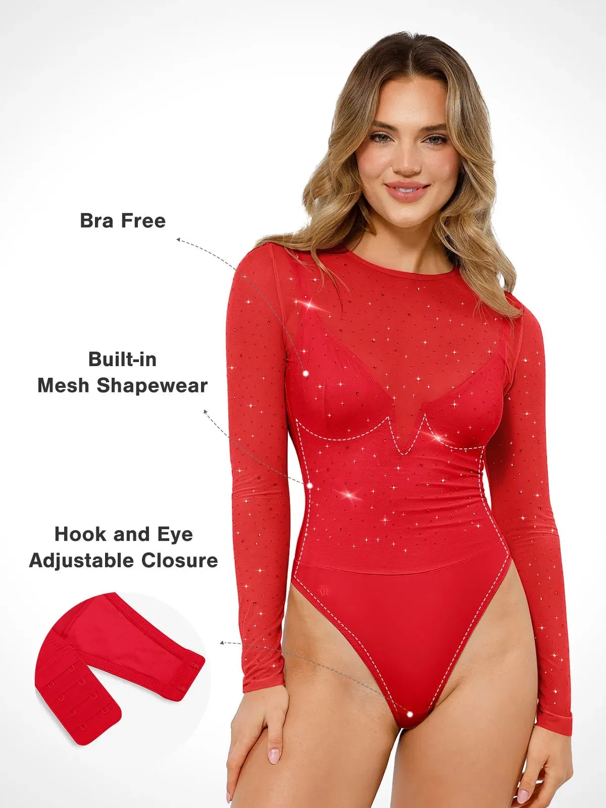 Shapewear Heat-Set Crystal Mesh Long-Sleeve Slimming Bodysuit