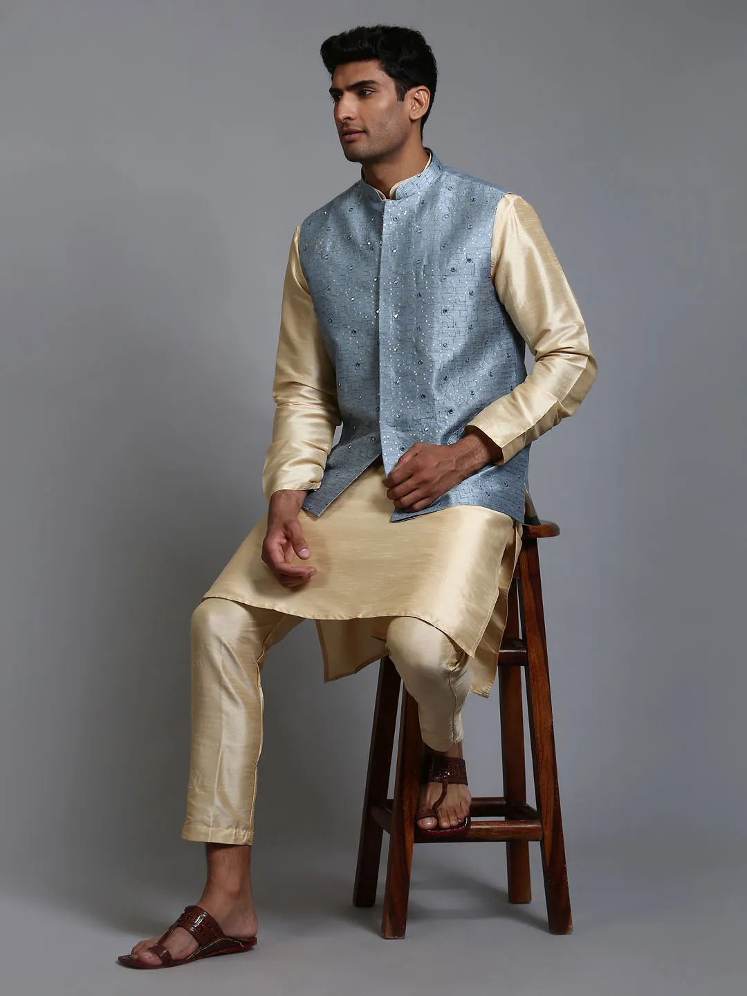 VASTRAMAY Grey Embellished Jacket with Gold Kurta