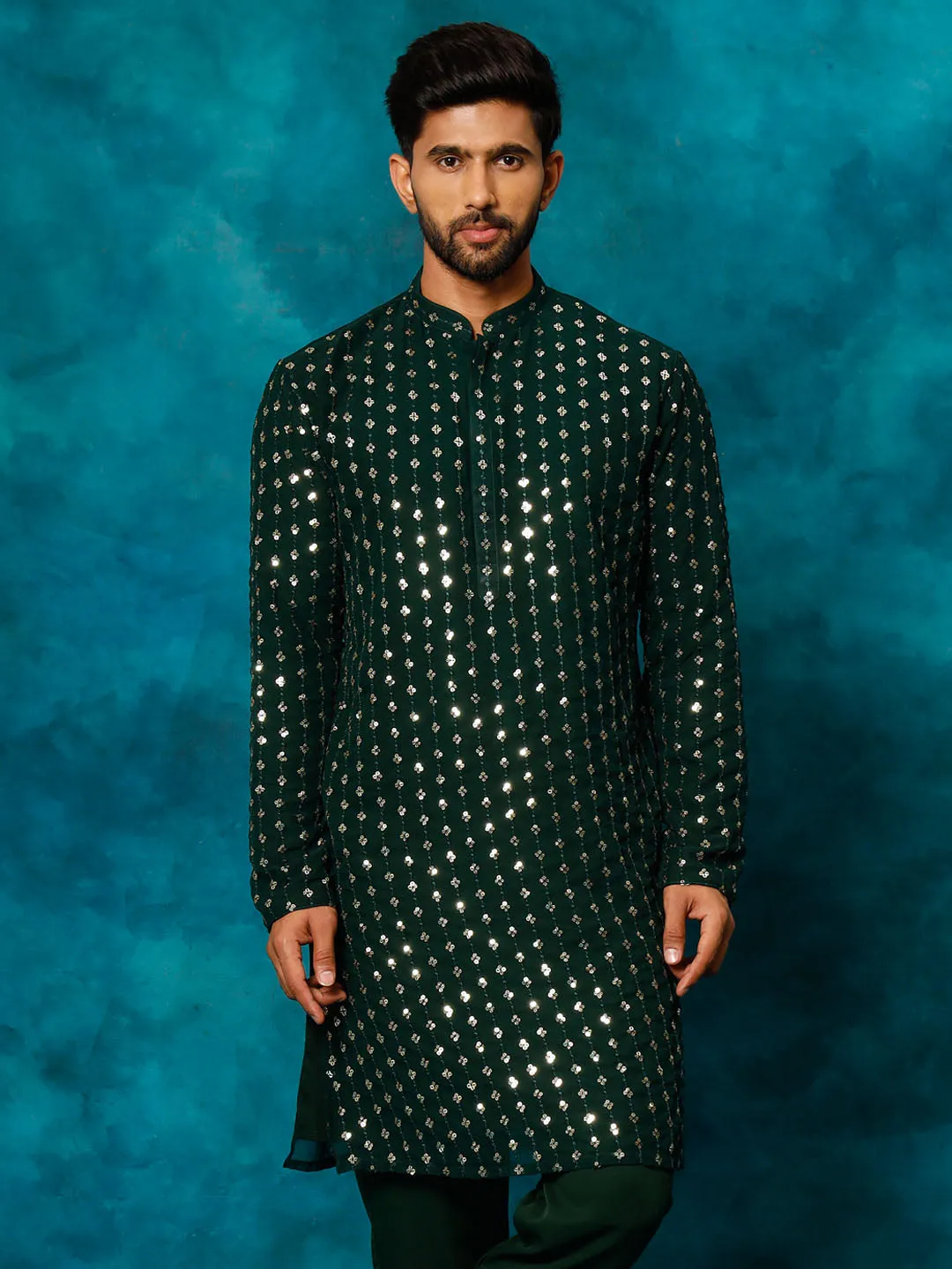 VASTRAMAY Men's Green Georgette Sequins Kurta