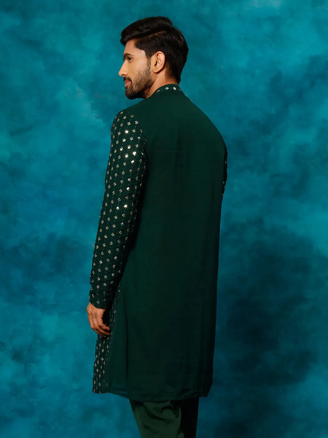 VASTRAMAY Men's Green Georgette Sequins Kurta