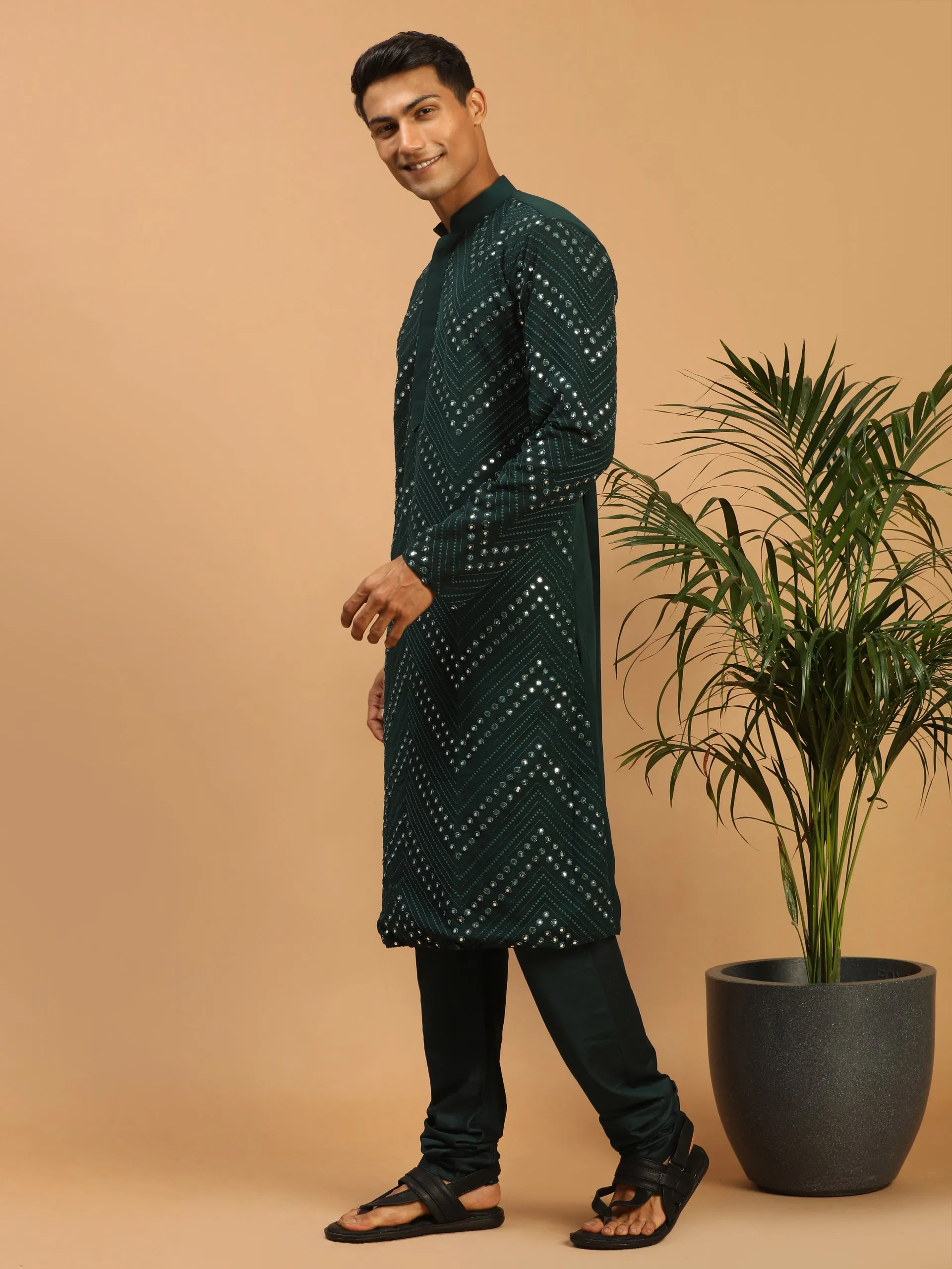 Vastramay Men's Green Mirror Kurta Pyjama Set