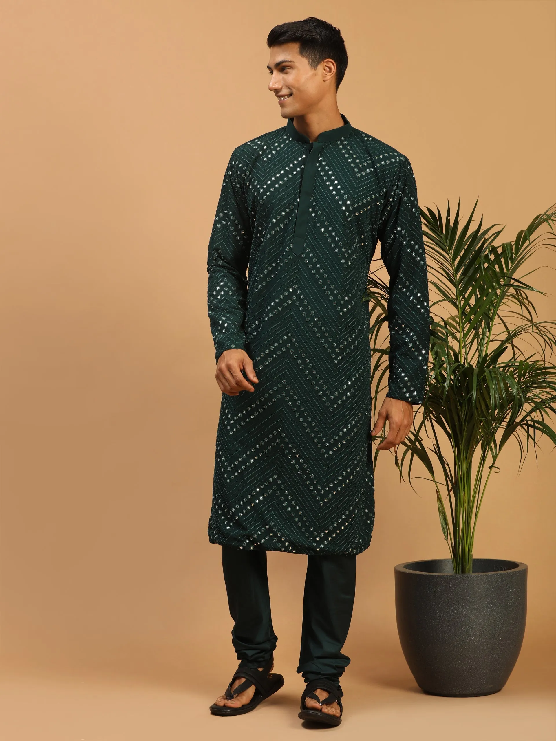 Vastramay Men's Green Mirror Kurta Pyjama Set