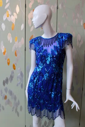 Vintage 1980s Blue Beaded Midnights Dress, XS