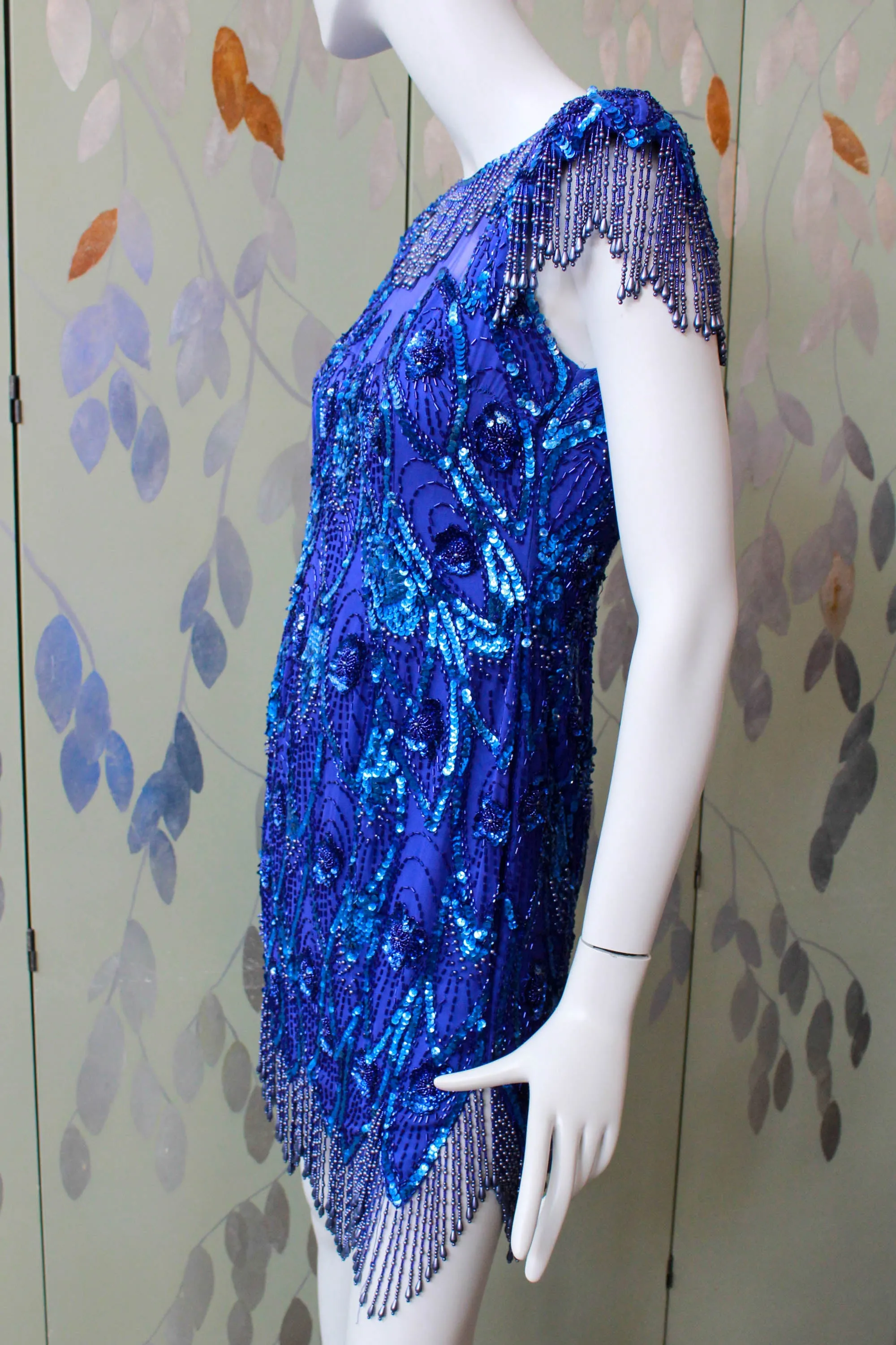 Vintage 1980s Blue Beaded Midnights Dress, XS