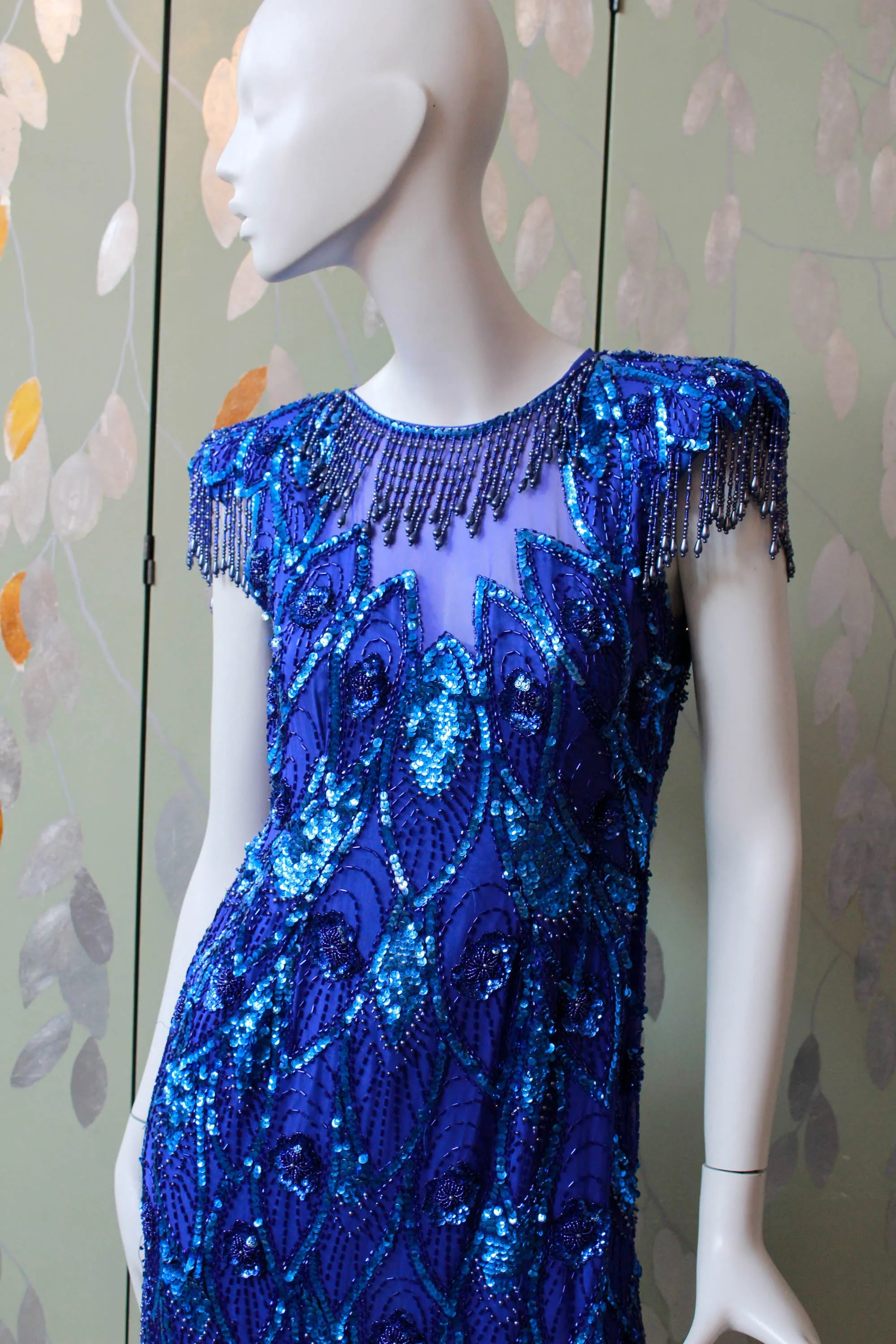 Vintage 1980s Blue Beaded Midnights Dress, XS