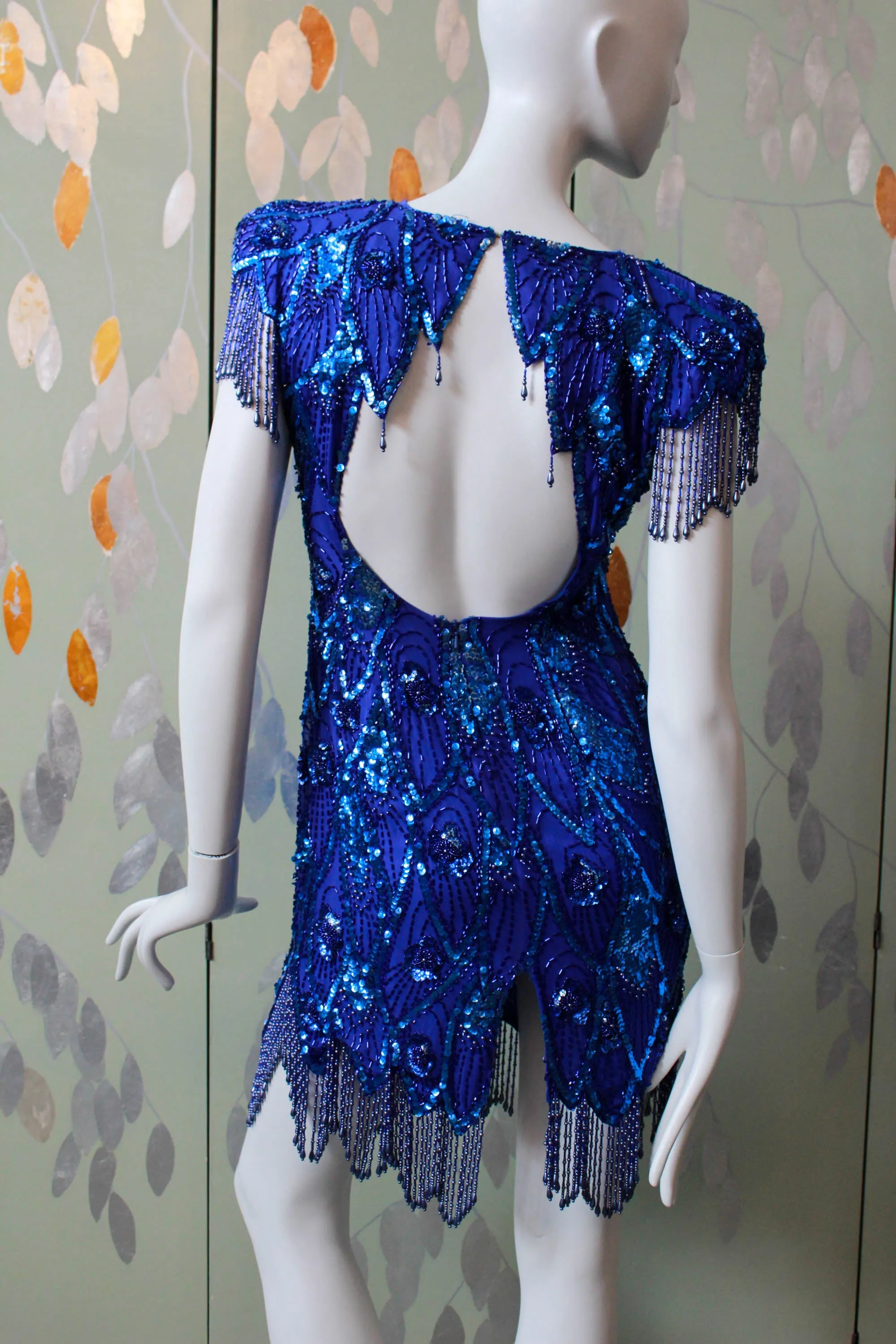 Vintage 1980s Blue Beaded Midnights Dress, XS