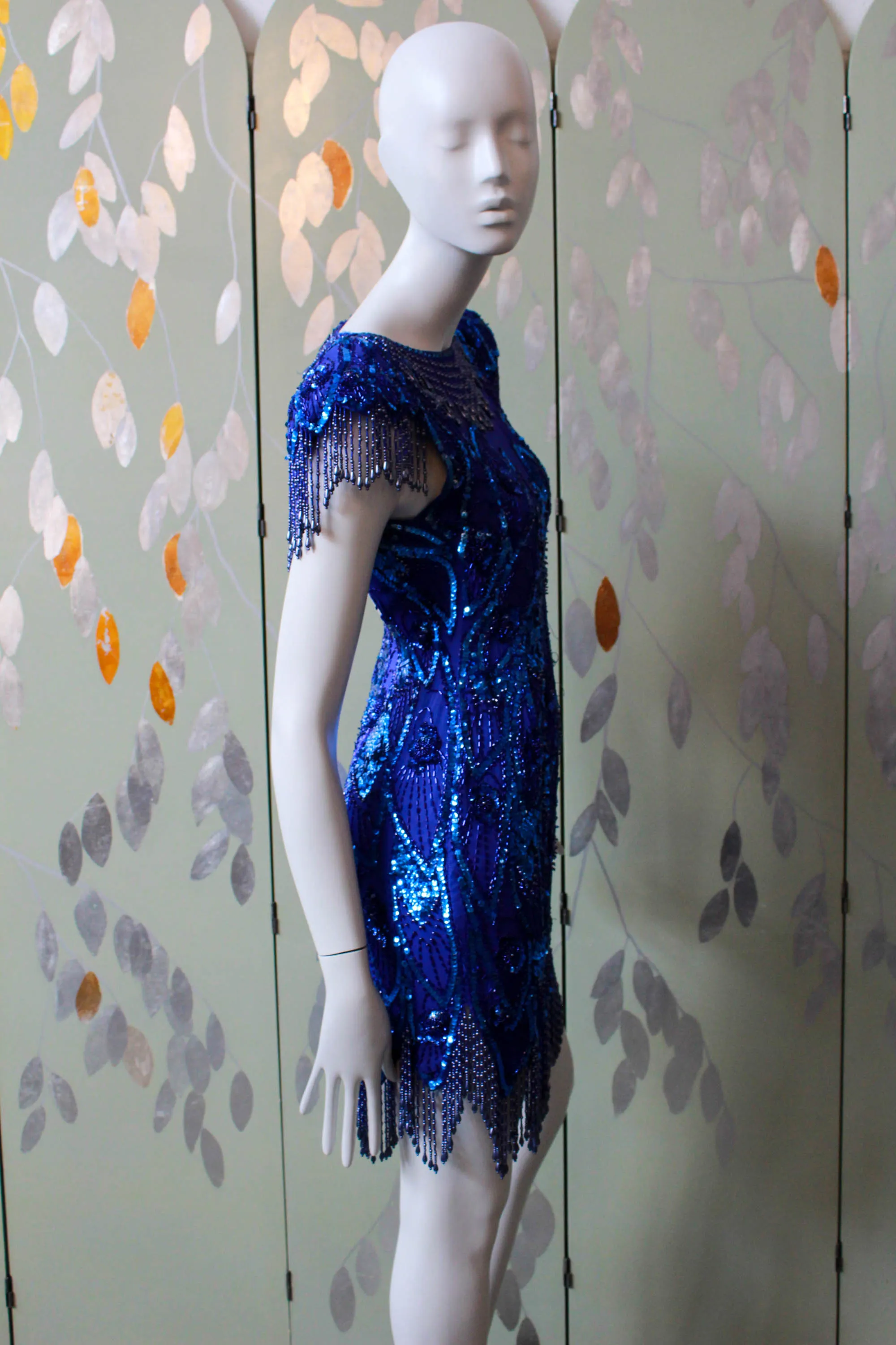 Vintage 1980s Blue Beaded Midnights Dress, XS