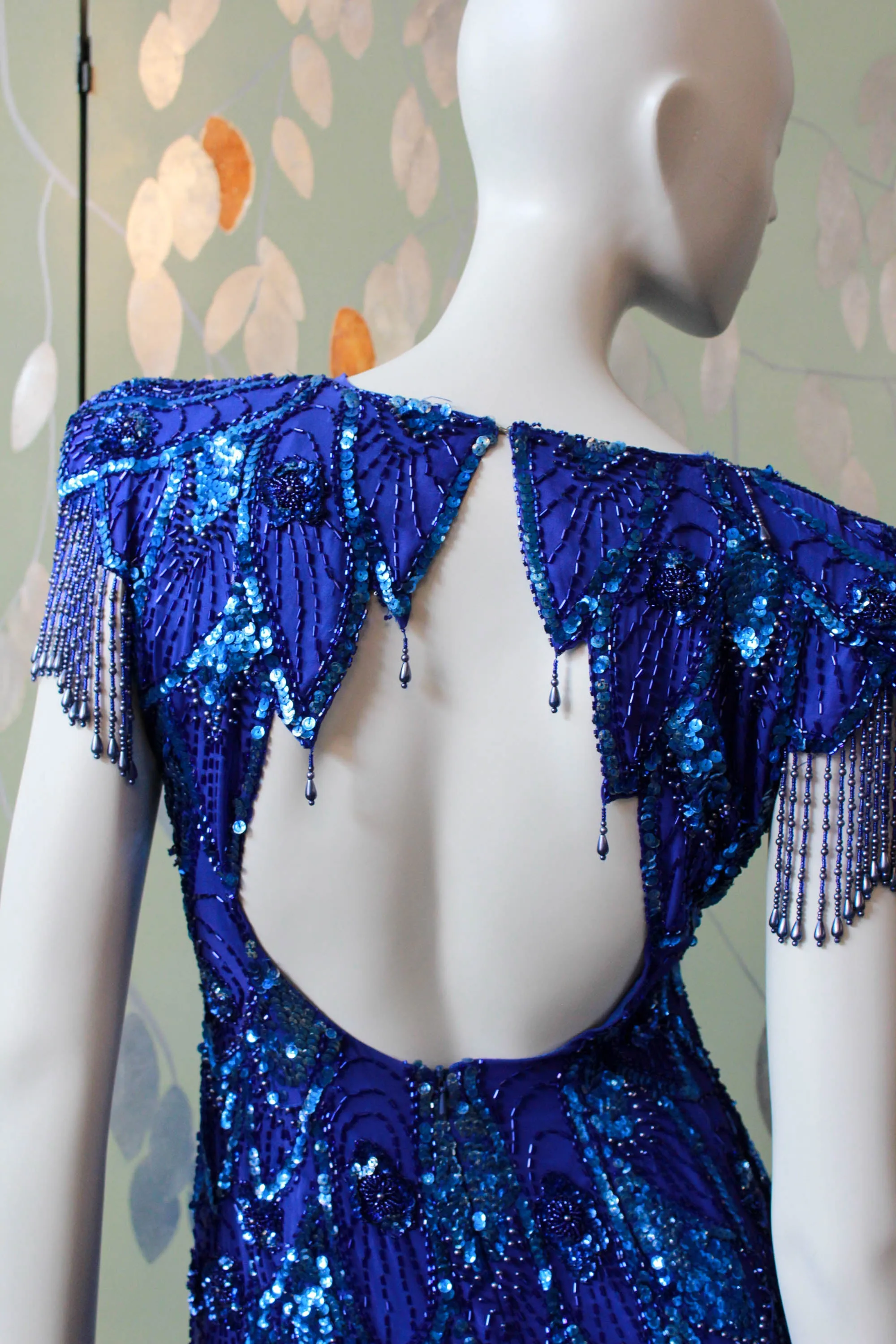 Vintage 1980s Blue Beaded Midnights Dress, XS