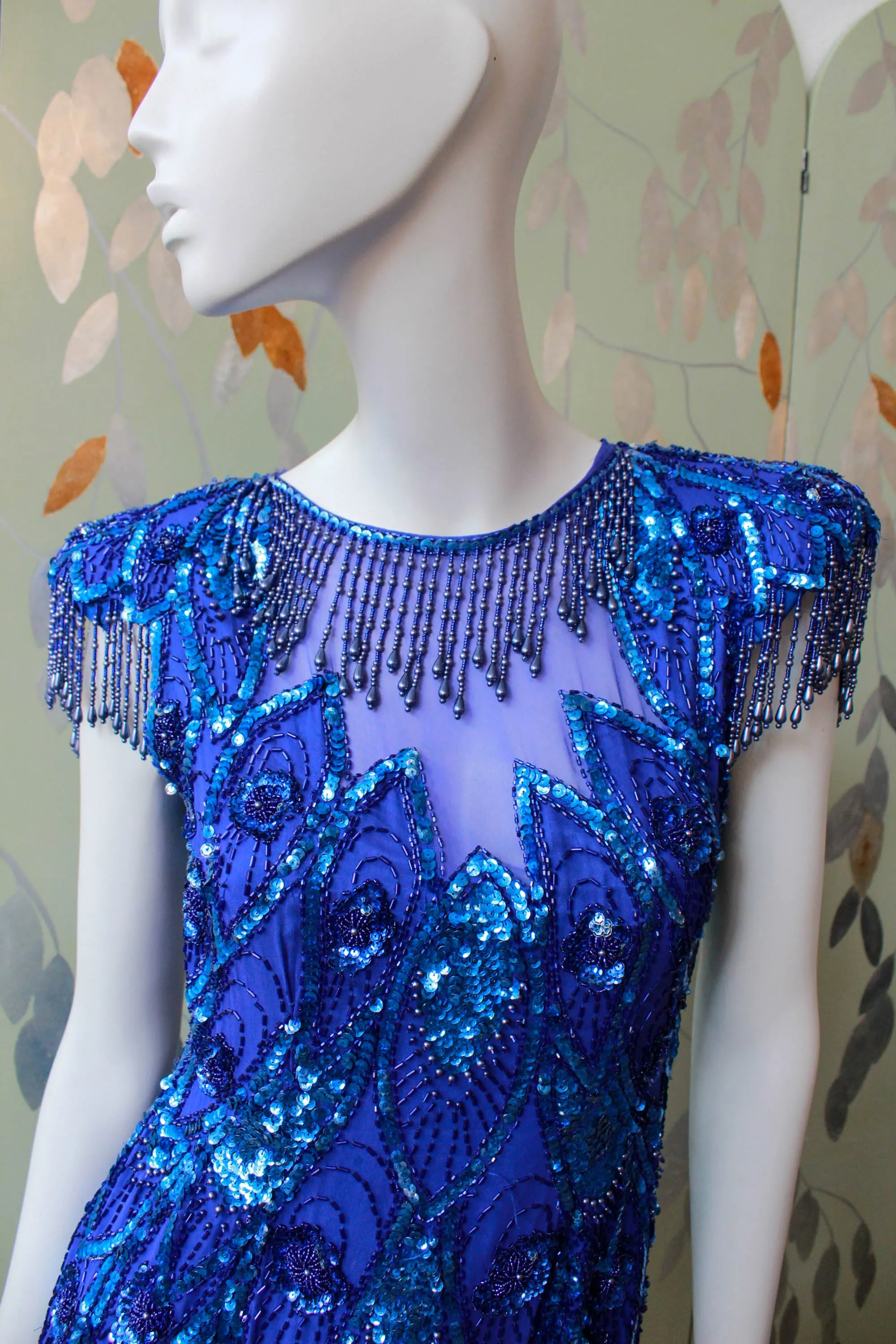 Vintage 1980s Blue Beaded Midnights Dress, XS