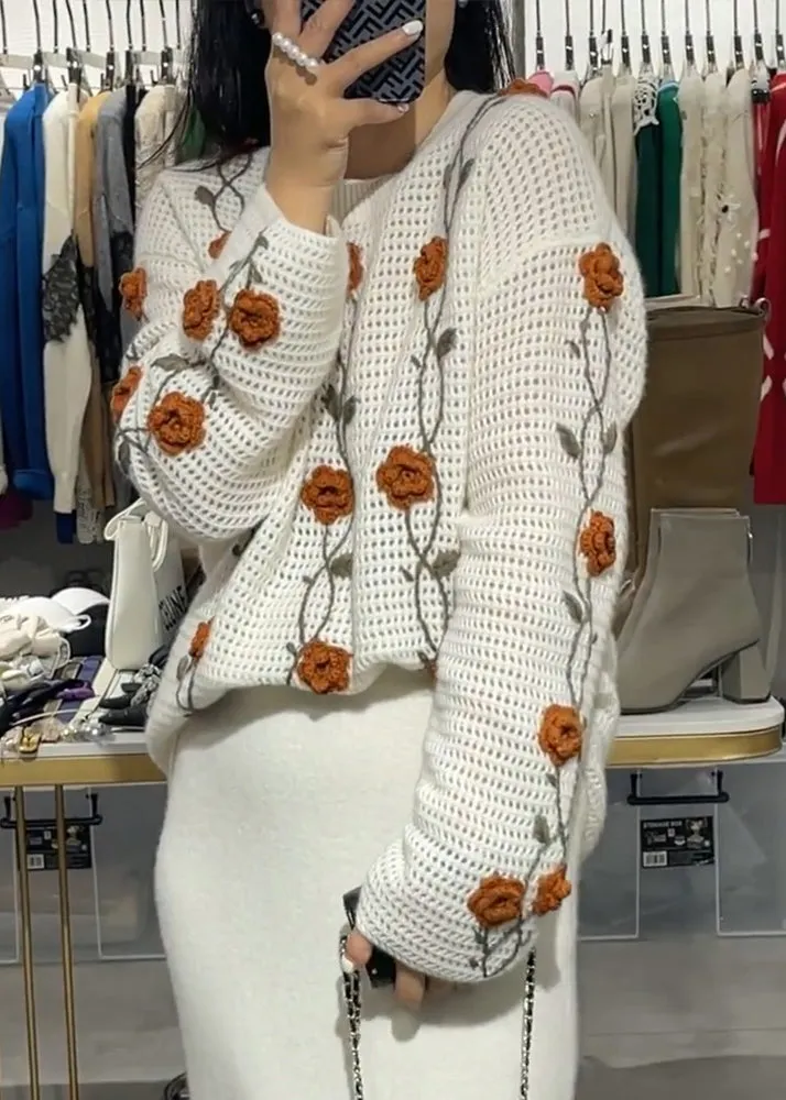 Women Apricot O Neck Floral Knit Sweaters Fall WE026