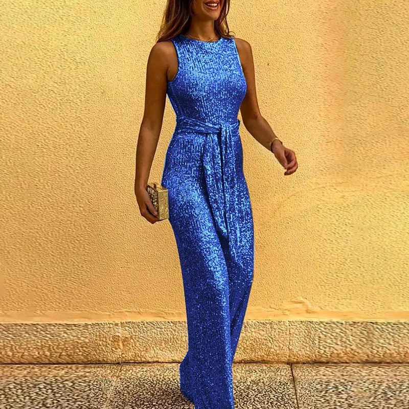 Women Sleeveless Sequin Glitter Shiny Jumpsuit Trousers Sexy Slim Fit Backless Romper